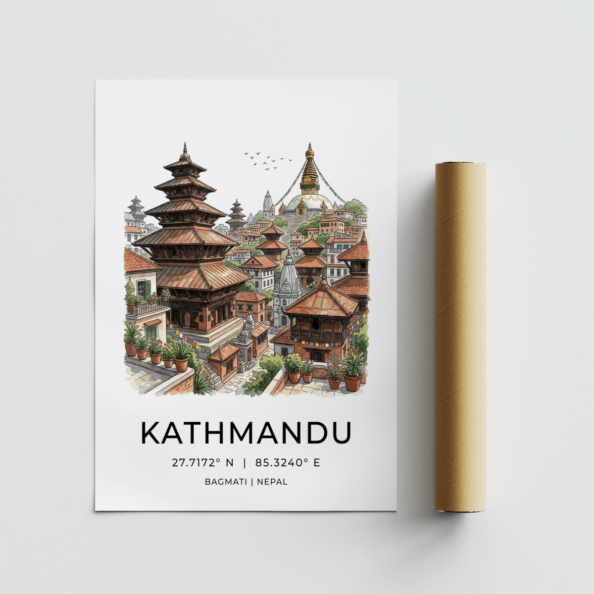Kathmandu art print with temple buildings illustration and a rolled packaging tube beside it