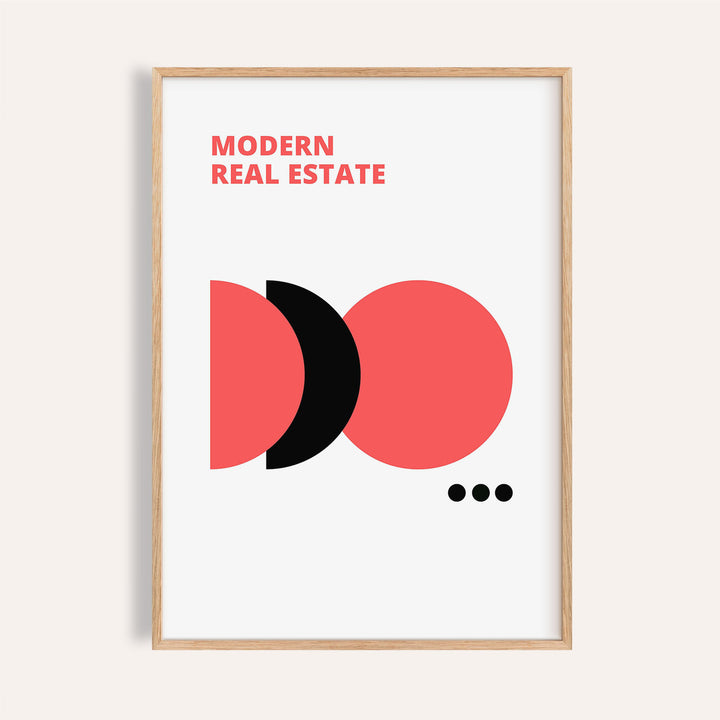 Framed Red Black and White Wall Art with abstract shapes and modern real estate text