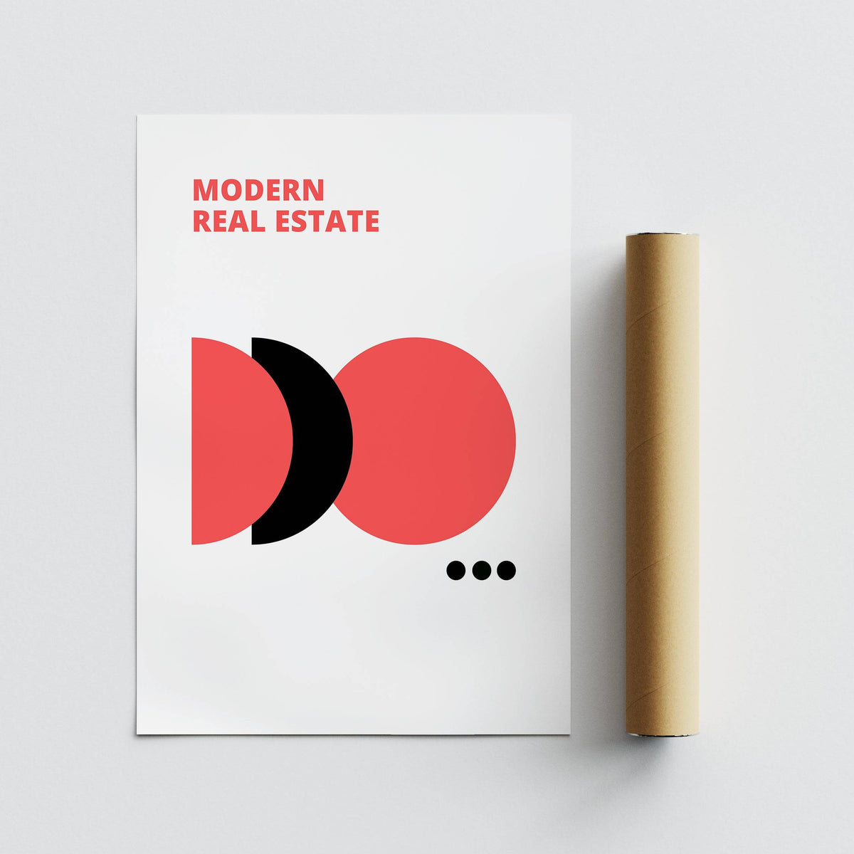 Red Black and White Wall Art flat print with modern real estate text and abstract shapes alongside a brown packaging tube