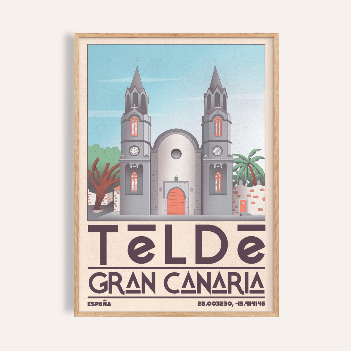 Framed Telde Gran Canaria art print of a cathedral facade with blue sky and typographic text
