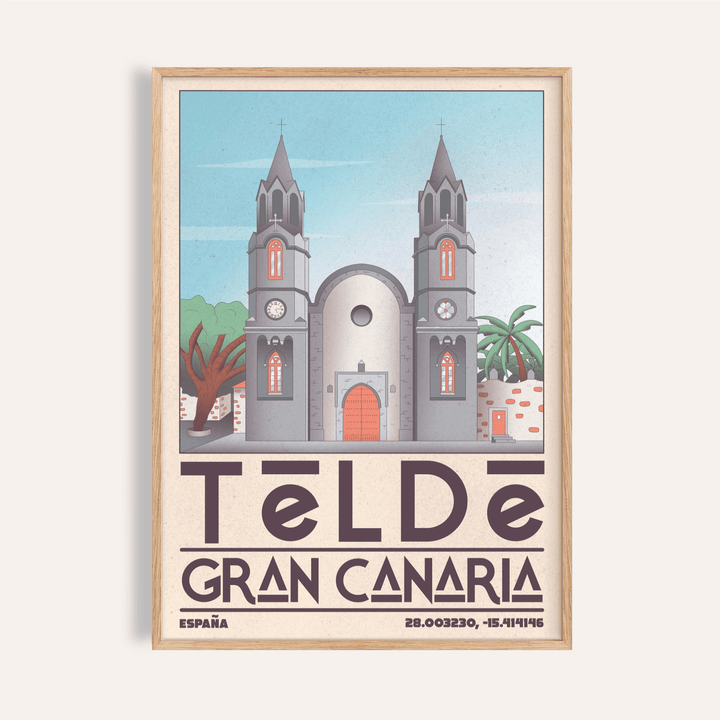 Framed Telde Gran Canaria art print of a cathedral facade with blue sky and typographic text