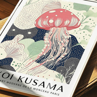 Framed Unique Large Wall Art of a pink jellyfish in an illustration style leaning on a wooden surface