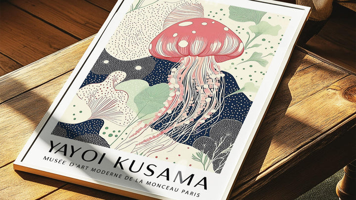 Framed Unique Large Wall Art of a pink jellyfish in an illustration style leaning on a wooden surface