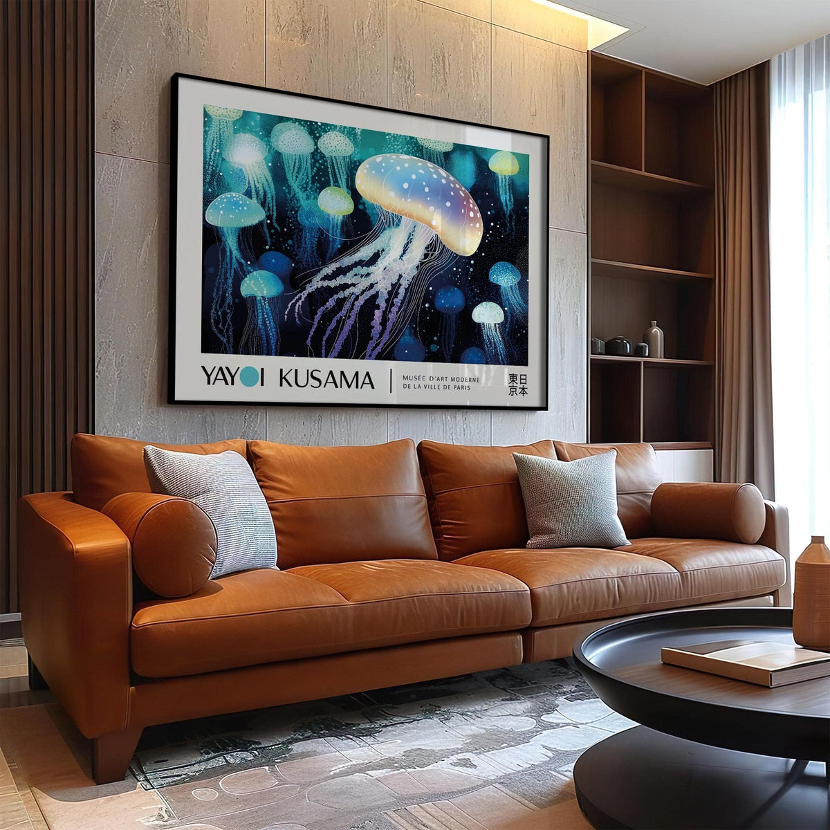 Jellyfish wall art of spotted jellyfish in blue and white above a brown leather sofa