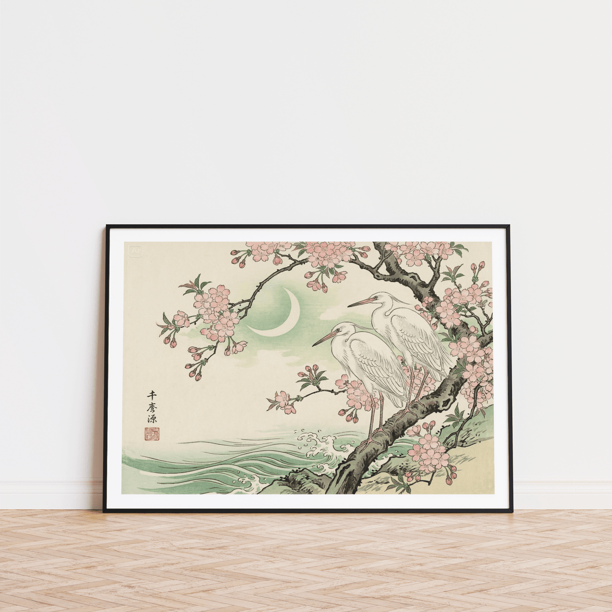 Heron wall art with white herons and pink cherry blossoms leaning on a wooden floor