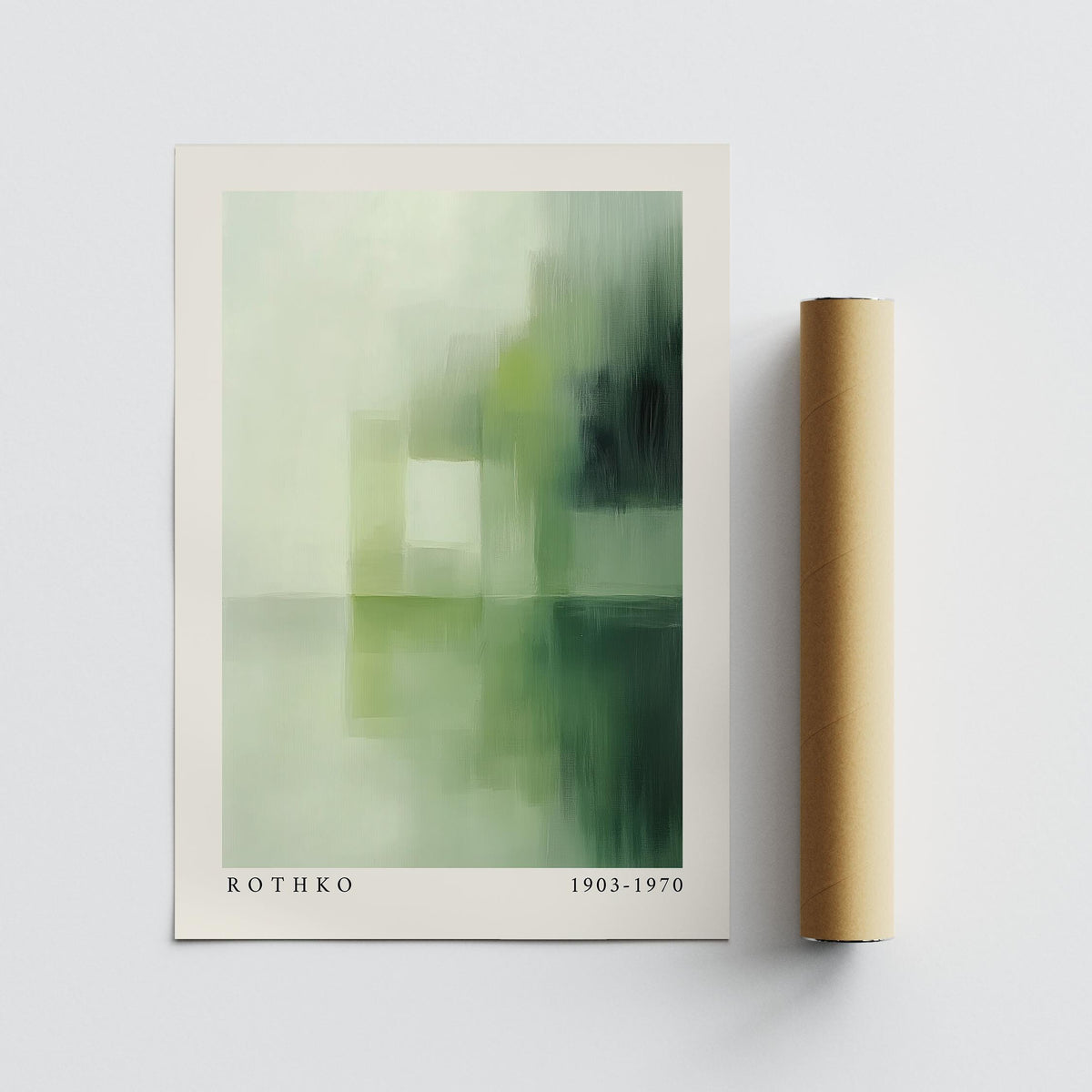 Olive green wall art abstract shapes in soft muted greens with a packaging tube