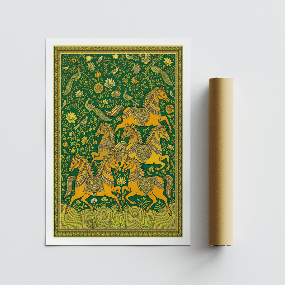 Indian Horse Art Print of decorative galloping horses in folk-art style with green and yellow
