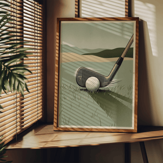 Print leaning on a shelf with seven iron golf club and ball illustration in muted greens and browns next to a plant