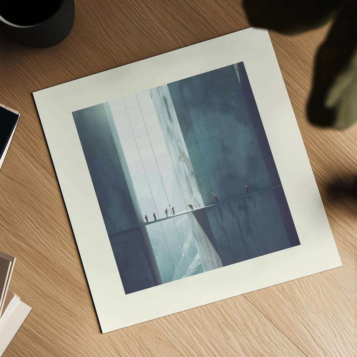 Close-up of the surreal art print showing minimalist rope climbers on a bridge in muted blue and grey tones