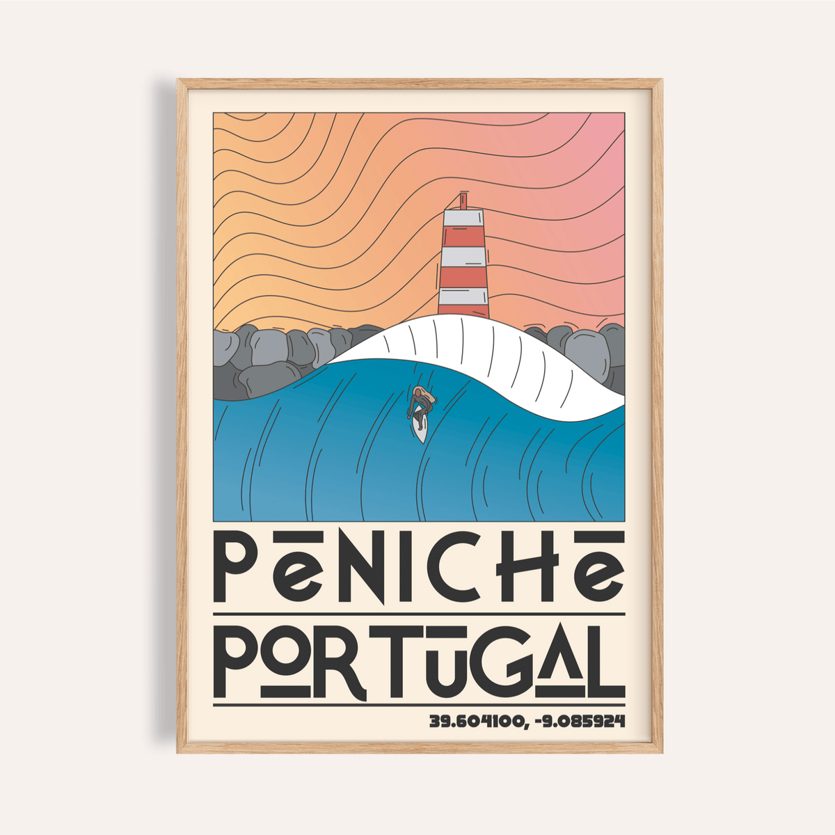 Framed close-up of Peniche Portugal wall art featuring a surfing wave and lighthouse illustration in blue and peach tones