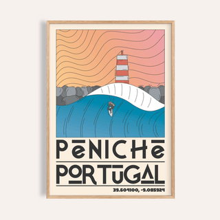 Framed close-up of Peniche Portugal wall art featuring a surfing wave and lighthouse illustration in blue and peach tones