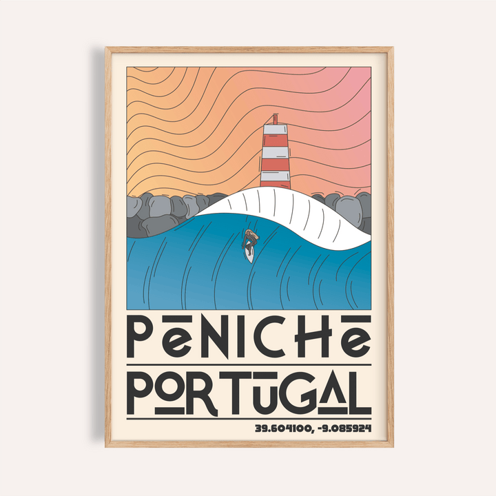 Framed close-up of Peniche Portugal wall art featuring a surfing wave and lighthouse illustration in blue and peach tones