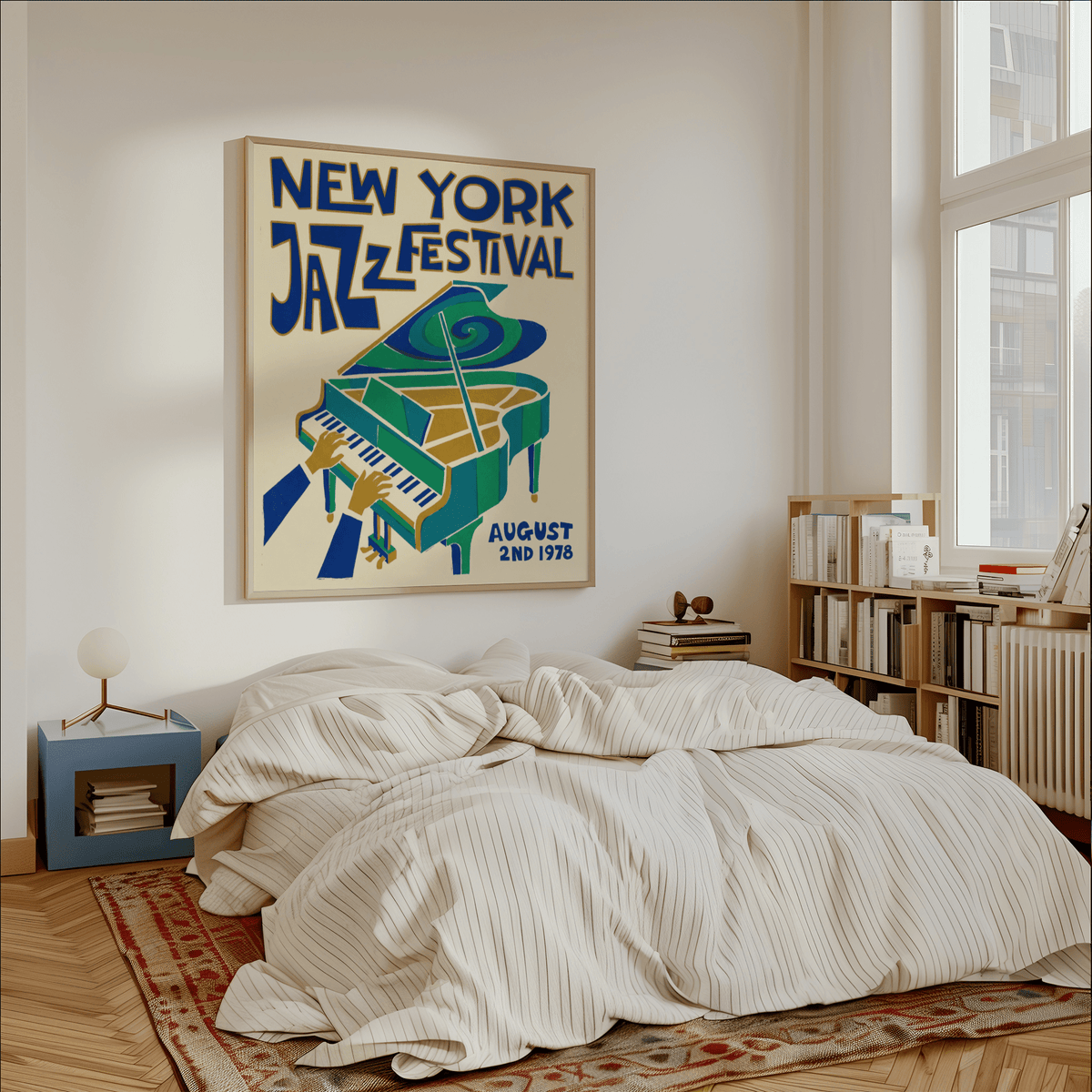 New York Jazz Festival Print on a wall above a bed in a bright bedroom with a large window