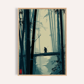 Framed Japanese Bamboo Art Print with a samurai on a bamboo bridge surrounded by tall bamboo stalks