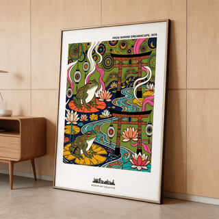 Japanese Frog Art Print print leaning on floor showing decorated frogs on lily pads and Japanese torii gates near wooden sideboard