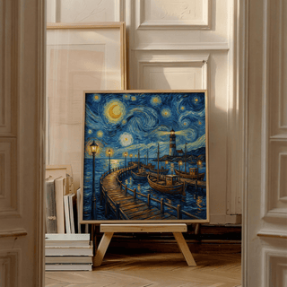 Van Gogh Poster print leaning on a wooden easel with stacked books nearby and elegant wall panels