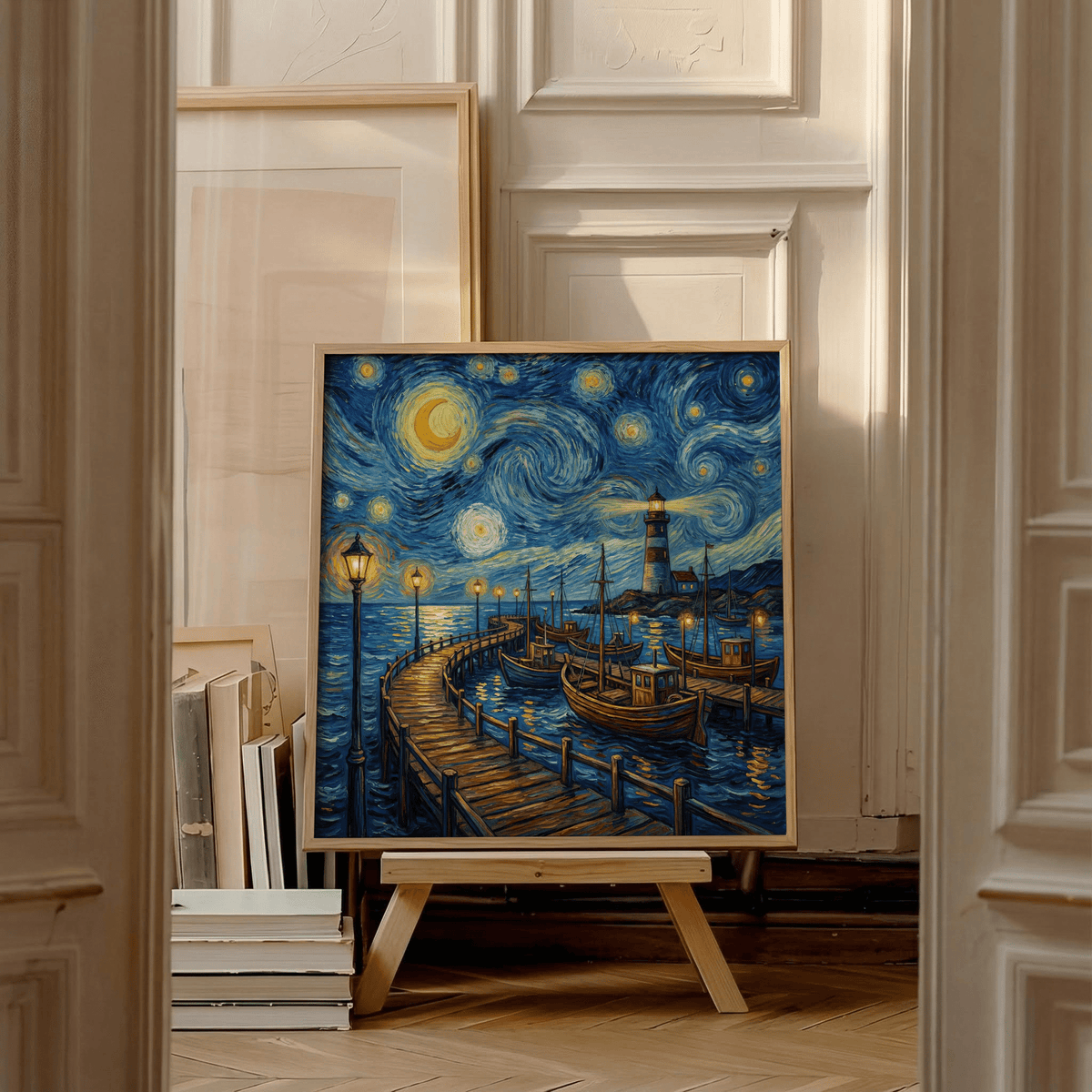 Van Gogh Poster print leaning on a wooden easel with stacked books nearby and elegant wall panels
