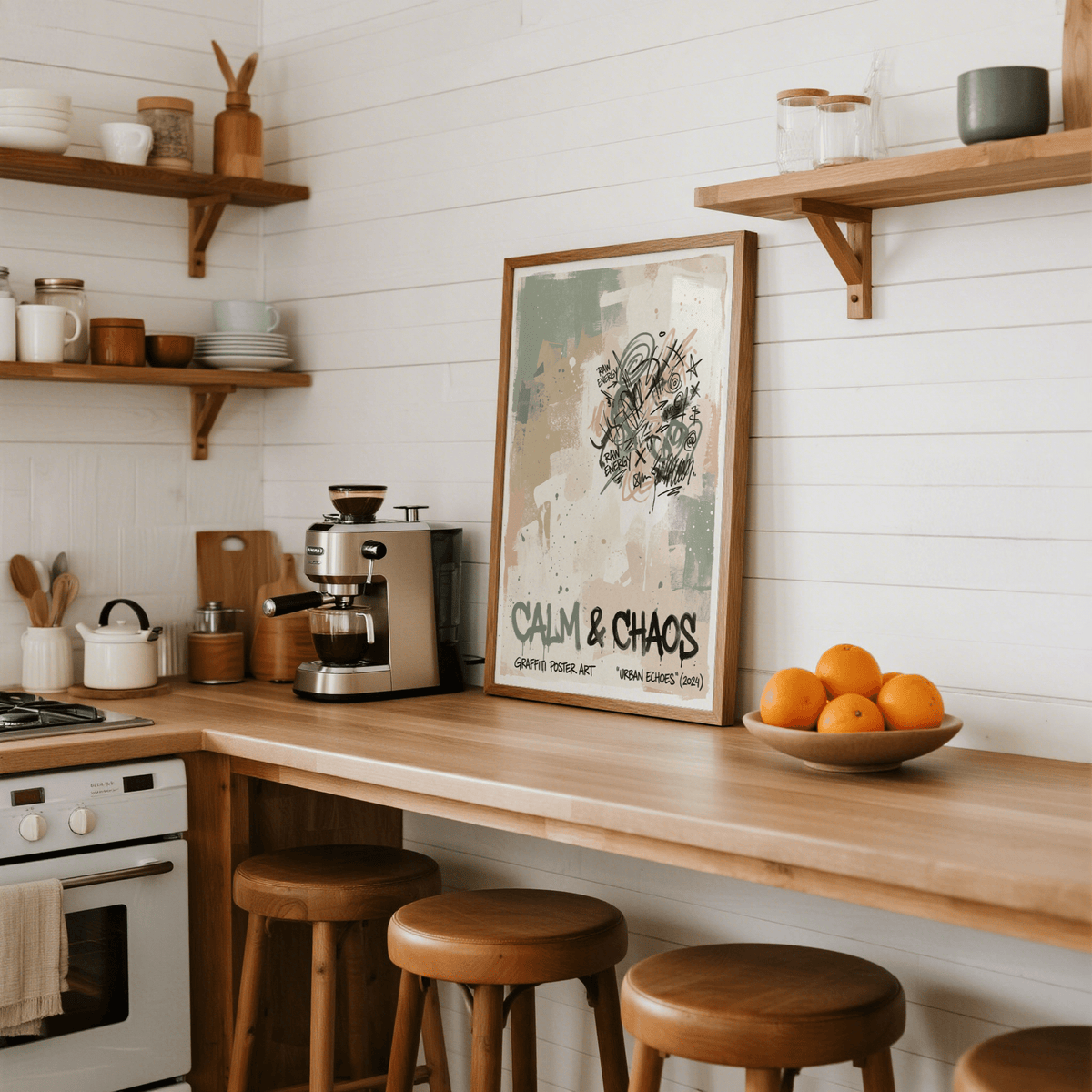 Print leaning on a kitchen counter showing graffiti text art in muted greens and browns with a bowl of oranges nearby