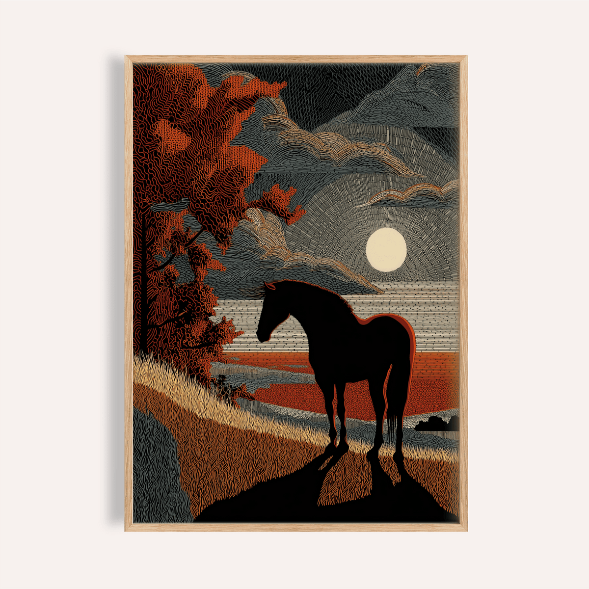Framed print close-up of horse silhouette art with reds and greys and sun at dusk