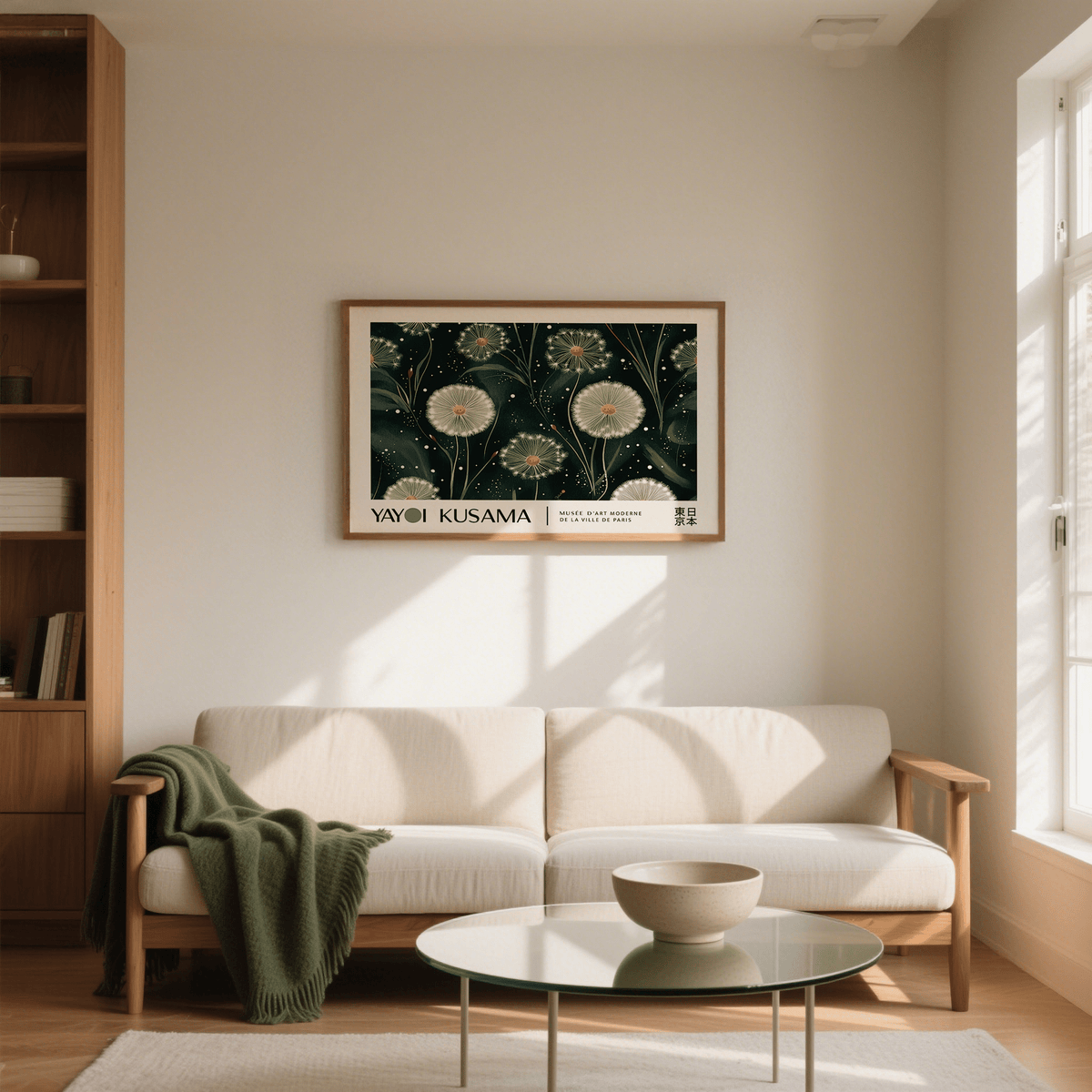 Emerald Green wall art of dandelion seed heads in an illustration style above a beige sofa with a green throw