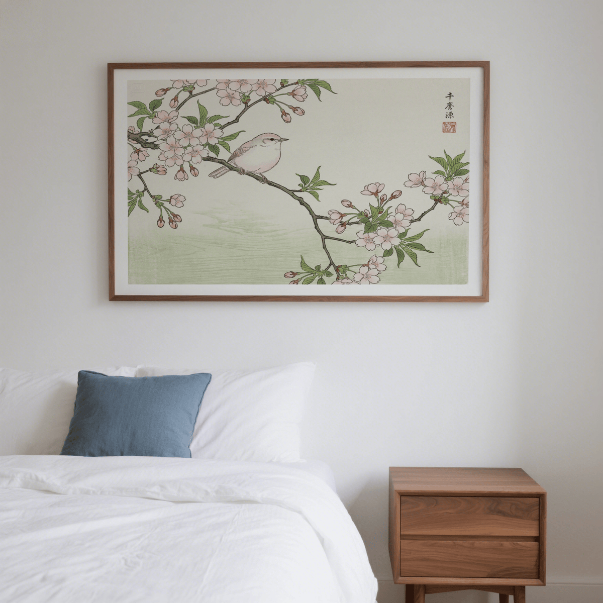 Bird Cherry Blossom Art Print in a bedroom above a bed with white and blue cushions
