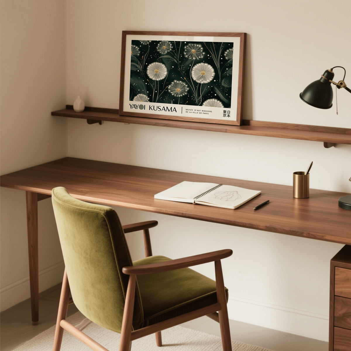 Emerald Green wall art of dandelion seed heads above a mid century style desk with a green velvet chair