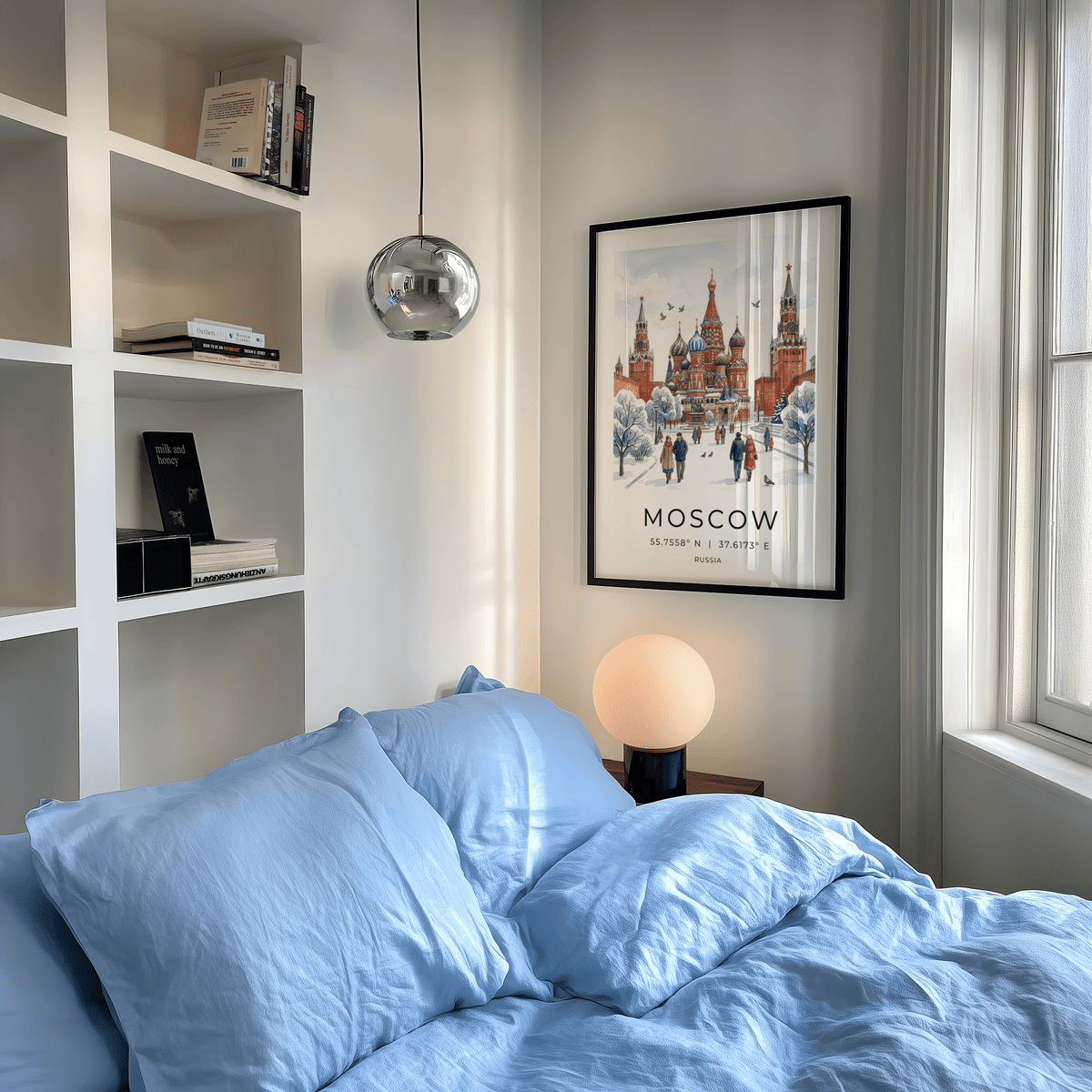 Print on a wall in a bedroom showing Moscow City Art Print with St Basil's Cathedral in soft watercolour style