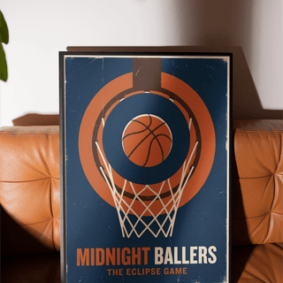 Basketball Game Wall Art framed close-up showing a basketball hoop with ball in blue and orange colours on a brown leather sofa
