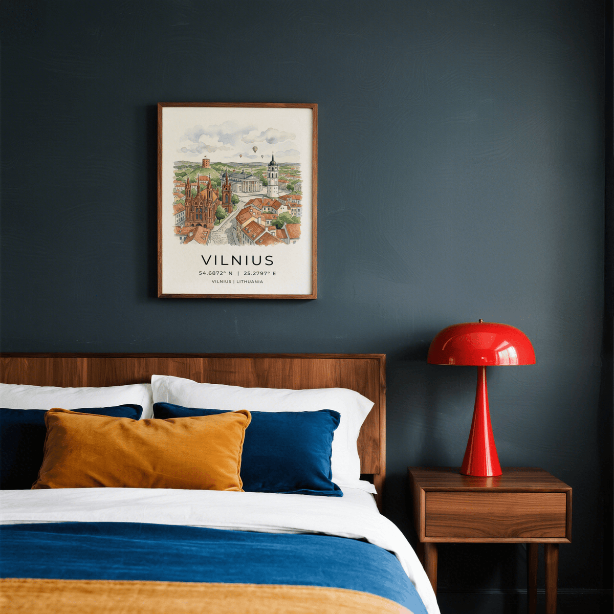 Print on a wall in a bedroom showing Vilnius City Print watercolour cityscape with red rooftops and green trees above a bed with blue