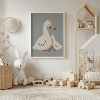 Mother Goose art print with a goose and gosling on a grey background in a child's bedroom with toys