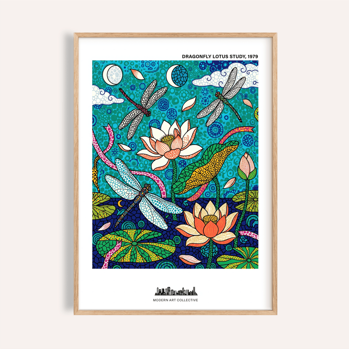 Framed close-up of Dragonfly Lotus Art Print with blue green background and lotus flowers