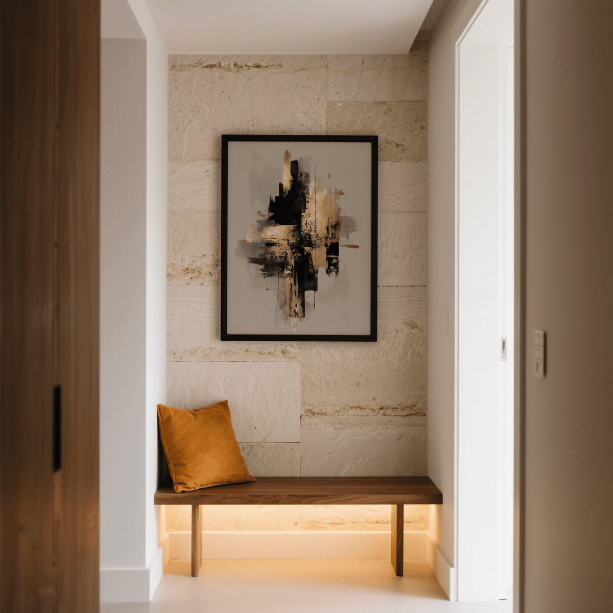 Gold Wabi Sabi Print with abstract black and gold brush strokes above a wooden bench with a mustard cushion