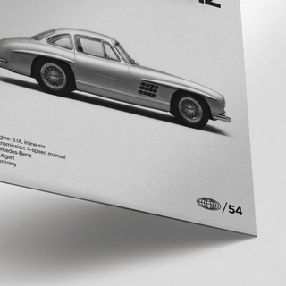 Classic Gullwing Sports Car Poster close-up of silver car side and technical text in black on white background