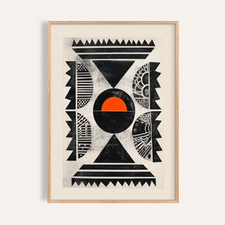 Framed Indian Pattern wall art with an abstract sun and geometric shapes in black and orange