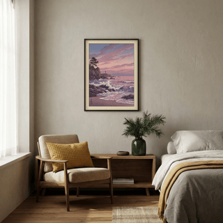 Lighthouse Sunset wall art of a rocky coastline with pink and purple sunset in a bedroom