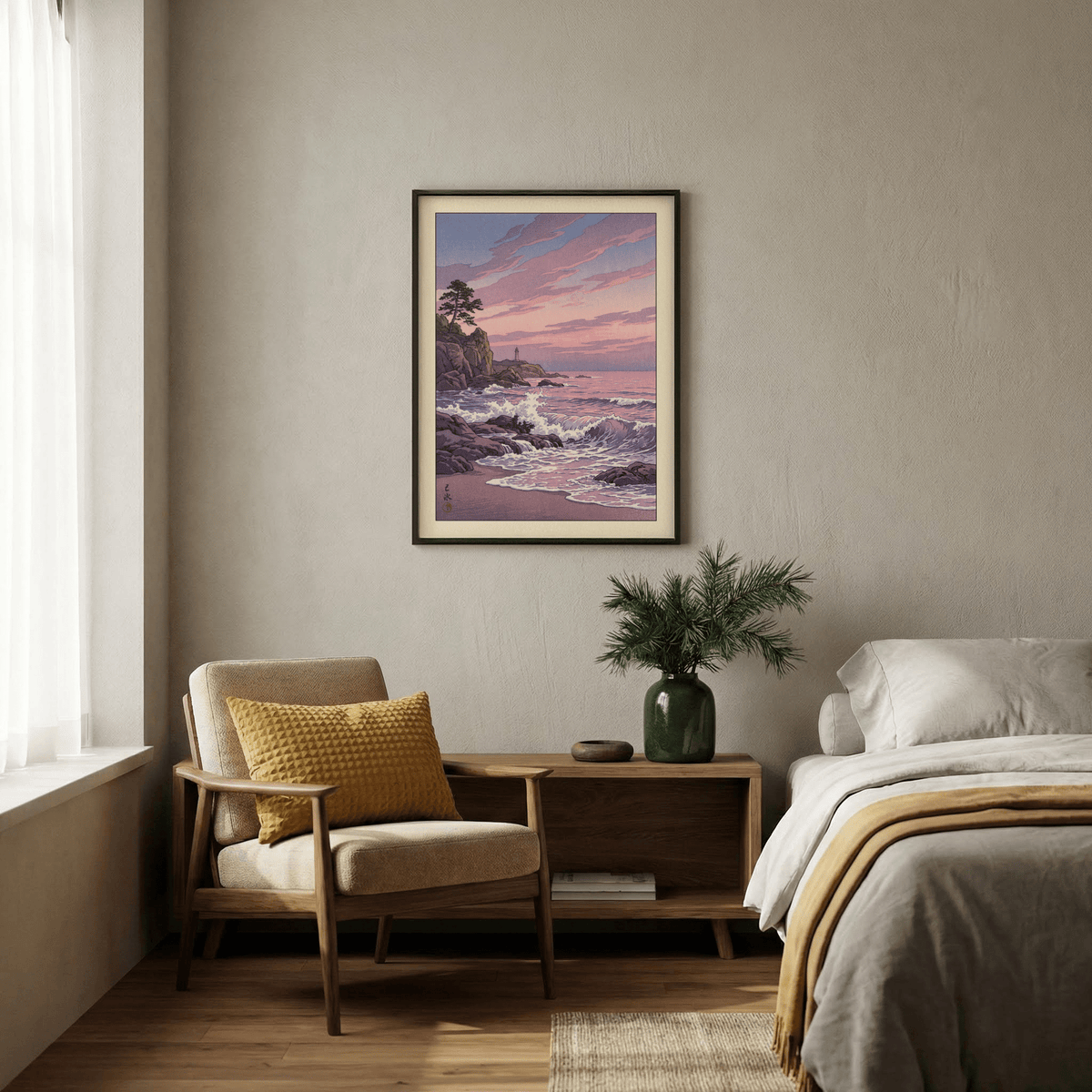 Lighthouse Sunset wall art of a rocky coastline with pink and purple sunset in a bedroom