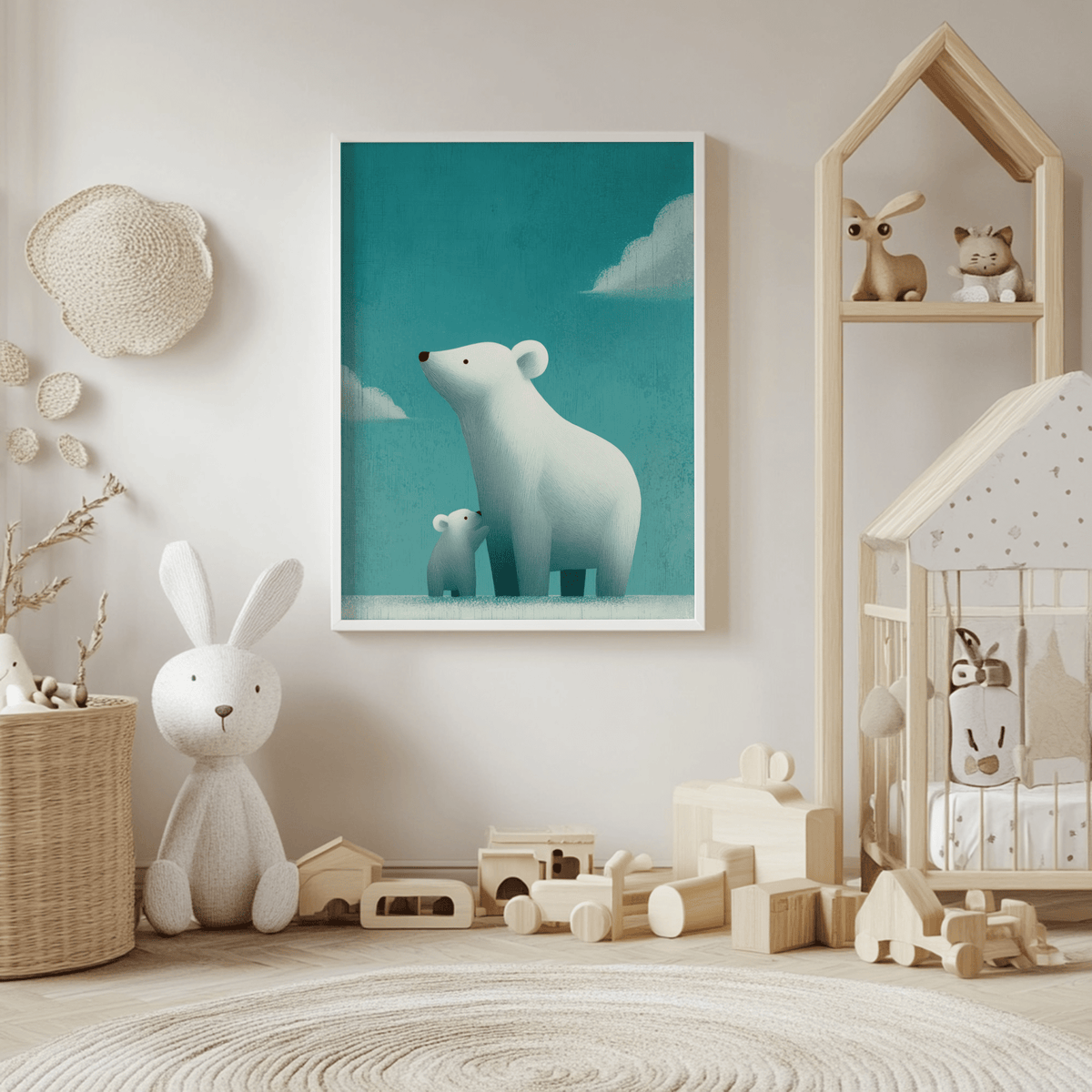Polar Bear Print in a child's room with toys and wooden house shelves
