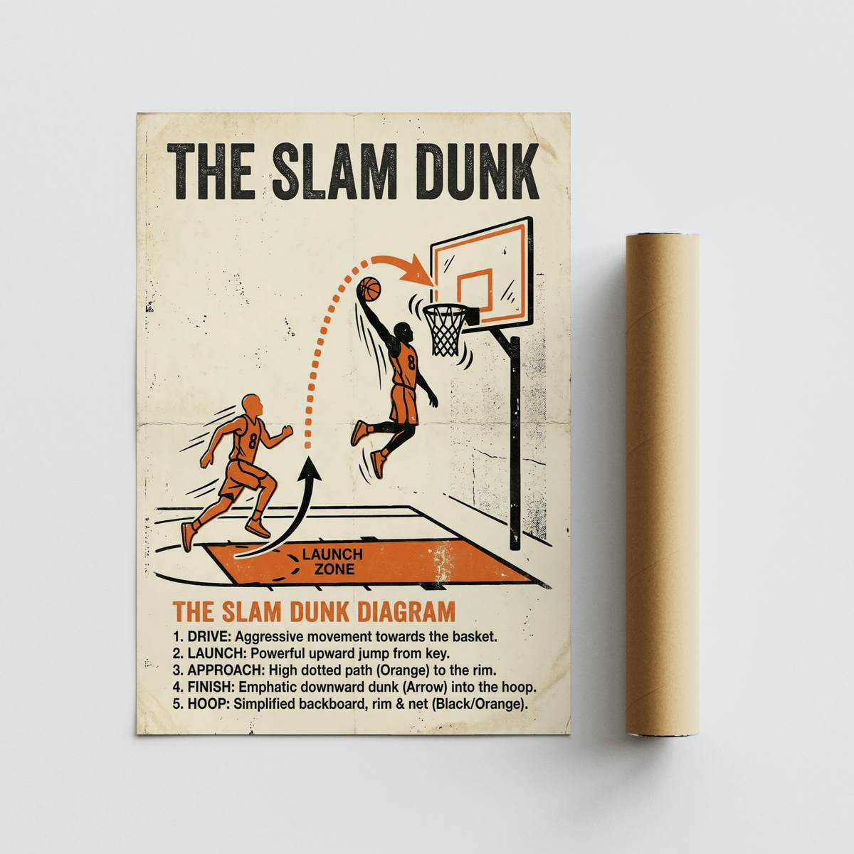 Slam dunk diagram art with an orange and black illustration beside a packaging tube on a white surface
