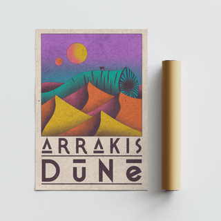 Desert Dunes Sci-Fi Poster with yellow and orange dunes and a blue worm next to a packaging tube