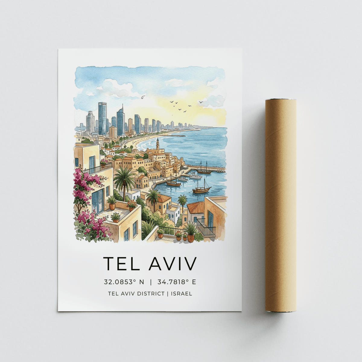 Tel Aviv art print with a waterfront cityscape and colourful buildings alongside a packaging tube