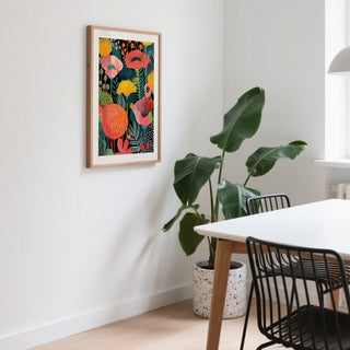 Wall Art Flower with colourful poppy flowers in illustration style beside a dining table and large plant