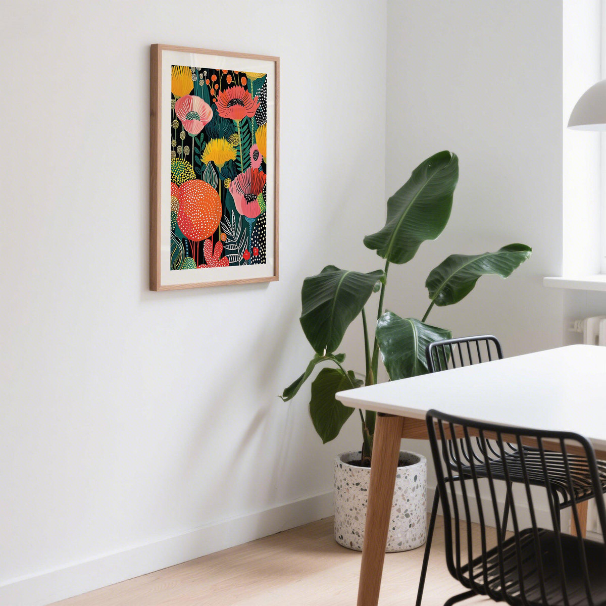Wall Art Flower with colourful poppy flowers in illustration style beside a dining table and large plant