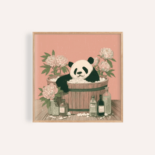 Framed Panda Bath Print showing a panda in a wooden tub with bubbles and floral details