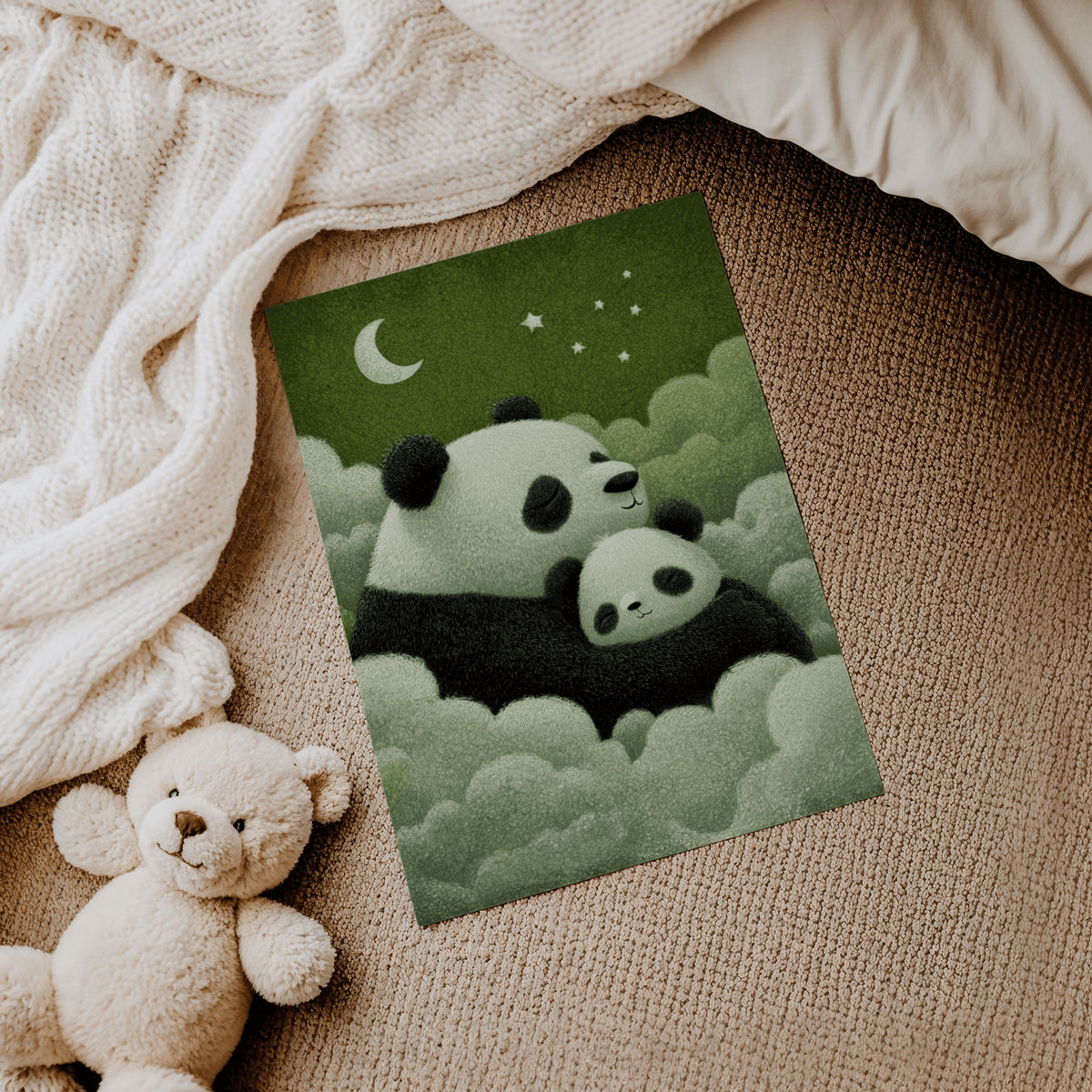 Print on a carpet of sleeping pandas in green clouds with a teddy bear nearby