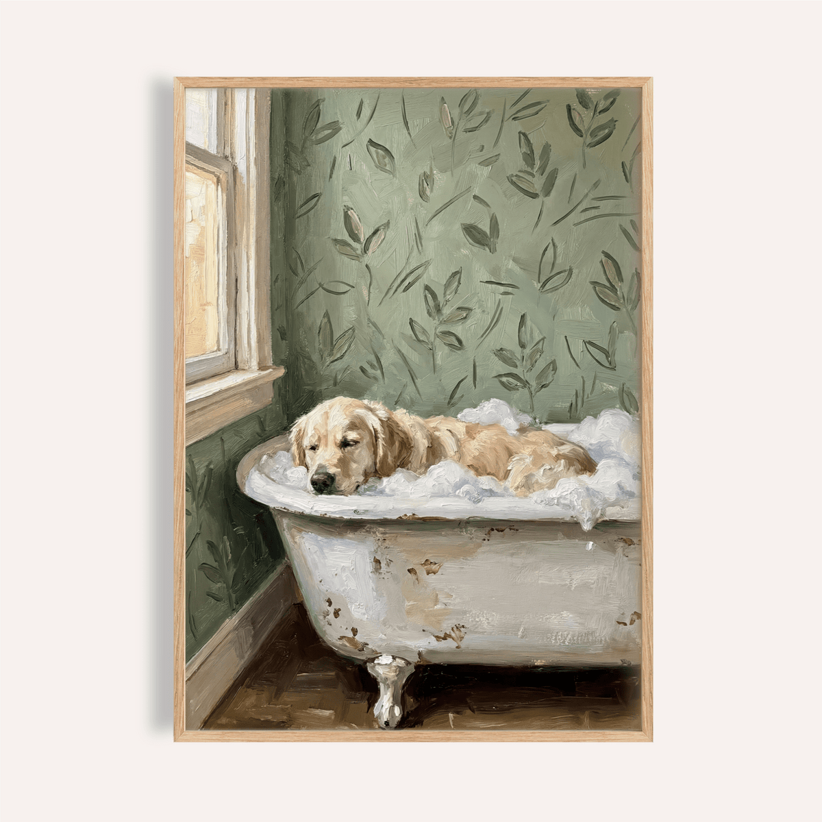 Framed golden retriever wall art of a dog in a bubbly vintage bath with green leafy wallpaper