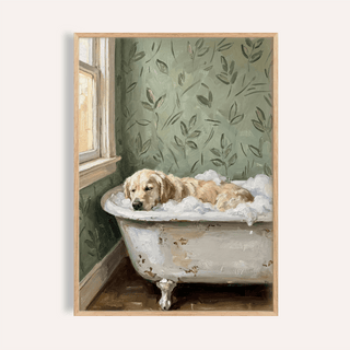 Framed golden retriever wall art of a dog in a bubbly vintage bath with green leafy wallpaper
