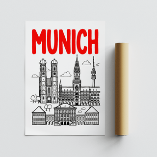 Munich City Poster minimalist black and red line art print with packaging tube on a grey surface