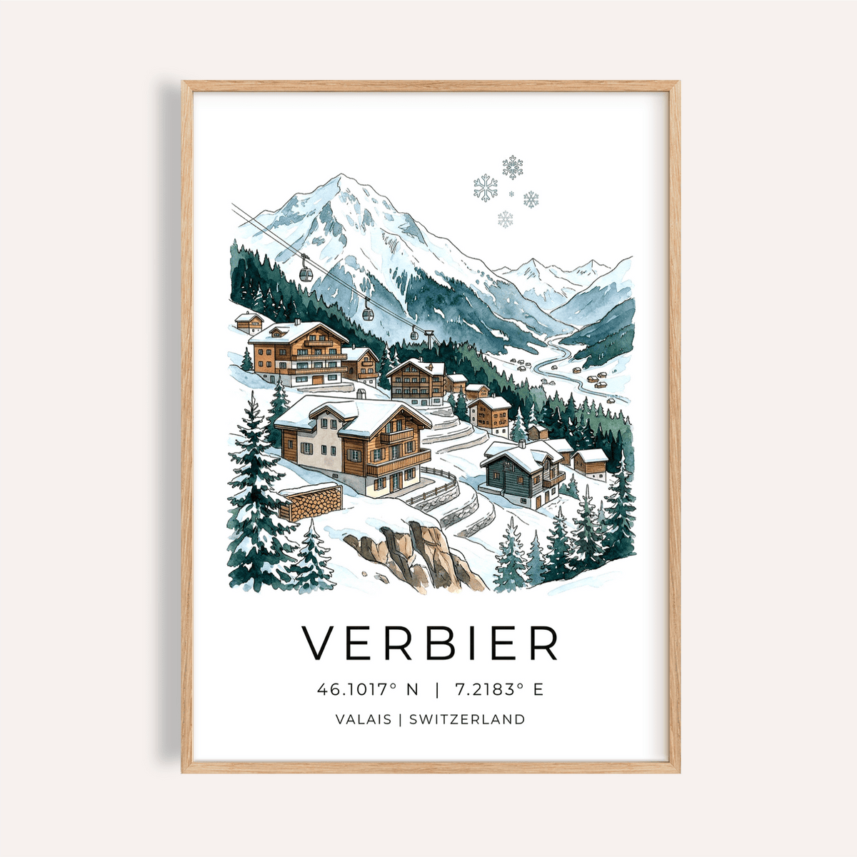 Framed Verbier Mountain wall art of a snowy alpine village with pine trees and mountains