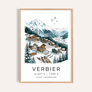 Framed Verbier Mountain wall art of a snowy alpine village with pine trees and mountains