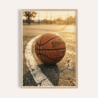 Framed close-up of a worn basketball on an outdoor court with a sunlit background
